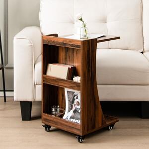 Costway Tavolino laterale con rotelle ripiano di stoccaggio a 2 livelli 2 scomparti, Tavolino mobile vintage Marrone