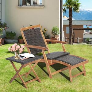 Costway Set di tavolo e sedia pieghevoli da esterno con ottomana braccioli retrattili, Mobili in rattan di legno acacia