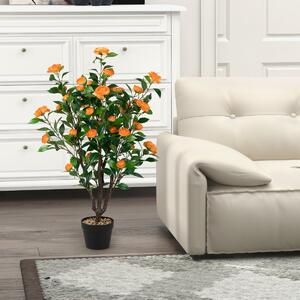 Costway Albero di camelia artificiale in fiore finta con 37 fiori gialli ciottoli di pioggia, Pianta di camelia simulato