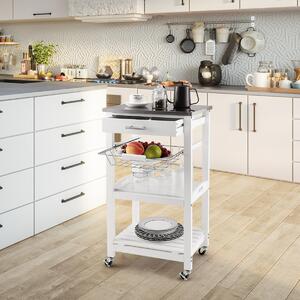 Costway Carrello a 4 livelli con piano in acciaio inox cestino in rete e vassoio rimovibile, Isola da cucina Bianco