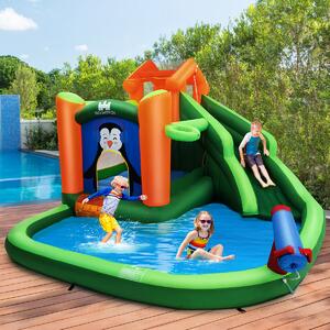 Costway Parco acquatico gonfiabile con piscina e cannone ad acqua, Casa gonfiabile con parete da arrampicata Verde
