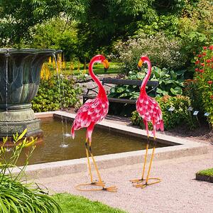 Costway Statua scultura fenicottero da 2 pezzi con telaio in metallo, Fenicottero ornamentale per cortile giardino