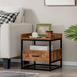 Costway Tavolino a 3 livelli con cassetto baffles superiori rialzati scomparto aperto, Comodino in legno Marrone rustico