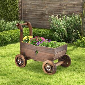 Costway Carrello fioriera in legno con ruote maniglia foro di drenaggio, Fioriera a forma di carretto decorativa Marrone