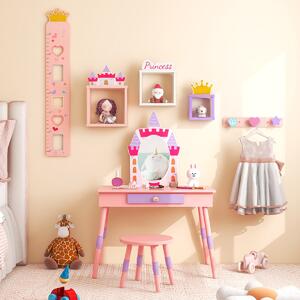 Costway Set da toletta per bambini con specchio cassetto e piano rimovibile, Tavolo da trucco e sgabello in legno Rosa