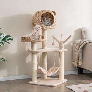 Costway Torre per gatti alta 121cm con casetta in pelo grande letto amaca, Centro di attività per gattini Naturale