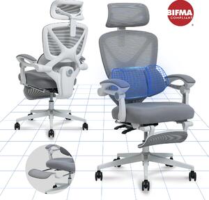 FLEXISPOT: sedia da ufficio ergonomica con poggiatesta 3D, supporto lombare regolabile, funzione reclinabile da 90 a 135°, braccioli collegati, poggiapiedi, portata massima 136 kg, colore grigio