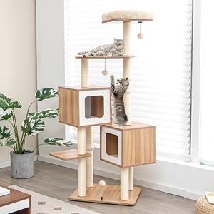 Costway Albero per gatti con tira graffi in sisal cuscini lavabili 3 palline 2 contenitori, Torre in legno 163cm Naturale