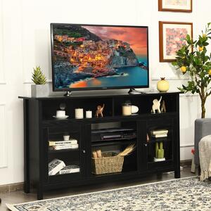 Costway Supporto TV in legno da 147cm con scaffali aperti per caminetto elettrico, Tavolo console per TV Nero