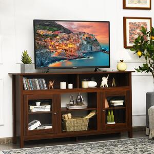 Costway Supporto TV in legno da 147cm con scaffali aperti per caminetto elettrico, Tavolo console per TV Noce