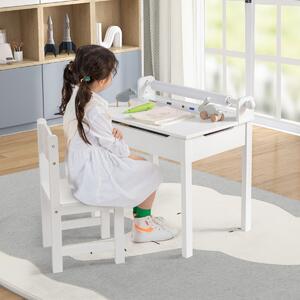 Costway Set tavolino e sedia vano portaoggetti e portarotolo per disegnare giocare, Tavolo per bambini con sedia Bianco