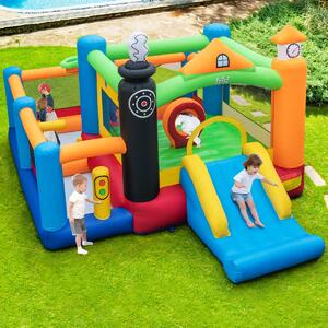 Costway Castello gonfiabile a tema treno con scivolo 3 vasche per le palline e canestro, Casa per saltare per bambini