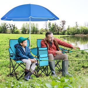 Costway Sedia da picnic in acciaio portatile e pieghevole, Sedia da picnic con ombrellone mini tavolo porta bevande Azzurro