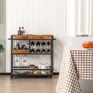 Costway Carrello bar con vassoio rimovibile portabottiglie porta calici e ruote, Carrello cucina a 3 livelli Marrone