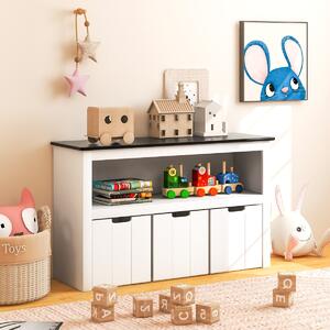 Costway Mobile porta giochi per bambini con 3 contenitori, Scaffale con piano a lavagna scrivibile vano aperto Bianco