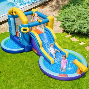 Costway Castello gonfiabile con scivolo acquatico 2 piscine cannone ad acqua, Castello saltellante con gonfiatore