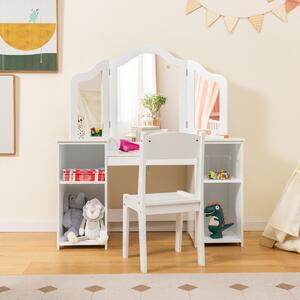 Costway Set tavolo da trucco sedia per bambini con specchio a 3 ante rimovibile, Set 2-in-1 di vanità per ragazze Bianco