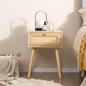 Costway Comodino in rattan con decorazione intrecciata a mano, Tavolino da letto boho in legno stile mid-century Naturale
