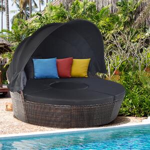 Costway Letto da giardino rotondo in rattan con tettuccio retrattile sedili separati, Set di divano modulare Nero