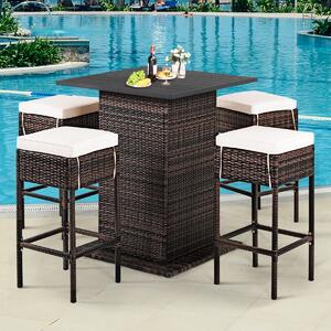 Costway Set da giardino in rattan 5 pezzi, Mobili da esterno con 4 sgabelli cuscini tavolo e scomparto nascosto Beige