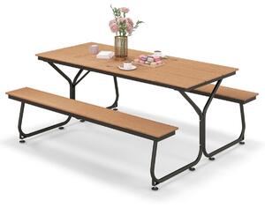 Costway Tavolo con 2 panche da esternoe per 8 persone, Tavolo da pranzo con telaio in metallo foro per ombrellone Marrone