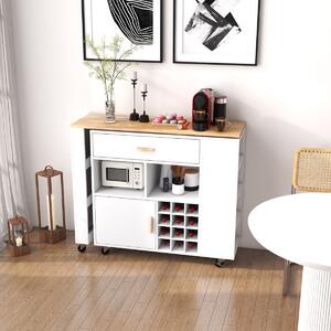 Costway Carrello da cucina con piano in legno di gomma ripiano regolabile porta calici, Mobile 2 in 1 su ruote Bianco