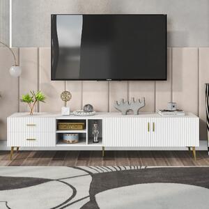 Mobile TV Moderno Bianco con Strisce Decorative, Gambe in Metallo Dorato e 2 Cassetti, Quercia