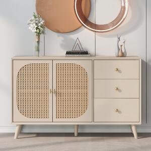 Credenza Moderna per Soggiorno con 2 Ante in Rattan e 3 Cassetti, Multiuso e Spaziosa, Bianco|Aosom