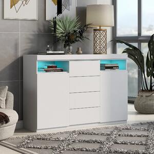 Credenza Moderna LED Multifunzione con Illuminazione RGB, 2 Ante e 4 Cassetti, Bianco