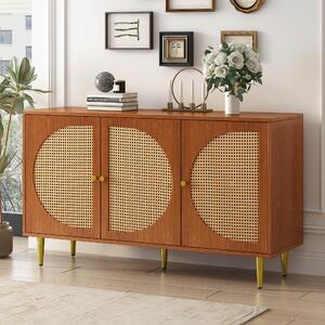 Set Mobile da Salotto in Rattan con Credenza Moderna a Tre Ante e Scarpiera Salvaspazio a Due Ante Scorrevoli, Colore noce