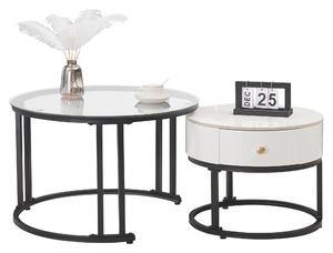 Set 2 Tavolini da Caffè con Superficie in Vetro e Marmo, Cassetto in Legno Massello, Bianco