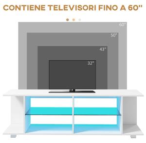 HOMCOM Mobile TV 60" con Luci a 12 Colori e 2 Ripiani Regolabili, in Truciolato e Vetro, 144.8x40x45 cm, Bianco