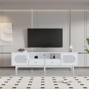 Mobile TV Elegante in Rattan 180 cm per TV fino a 80 Pollici con 2 Ante e 2 Cassetti, Bianco