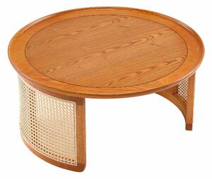 Tavolino da Salotto in Legno Massello con Dettagli in Rattan, Design Elegante e Vintage, Ø70 cm, Quercia