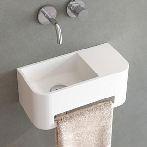 Lavabo in pietra Kronenbach, dimensioni 38 x 19 cm, posizionato a sinistra, senza foro per il rubinetto, con supporto per asciugamani