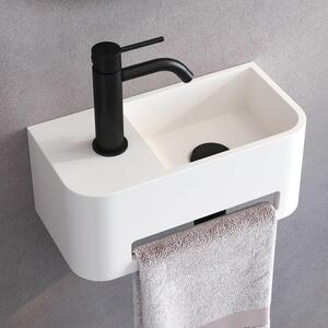 Lavabo in pietra Kronenbach, dimensioni 38 x 19 cm, posizionato a destra, con foro per il rubinetto e dotato di supporto per asciugamani
