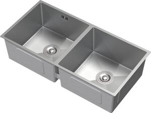 ML-Design lavello doppio con scarico e troppopieno, argento, acciaio inossidabile