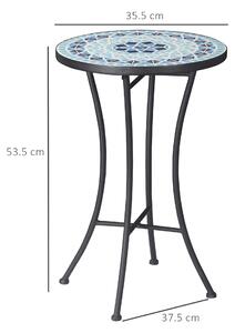 Outsunny Tavolino da Giardino Rotondo in Metallo con Piano in Ceramica, Design a Mosaico, Ф35.5x53.5cm, Blu