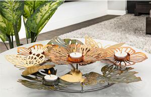 Porta candele rotondo da tavolo composto da foglie e fiori multicolori 39x35xh 7 cm struttura e 4 candele colore oro
