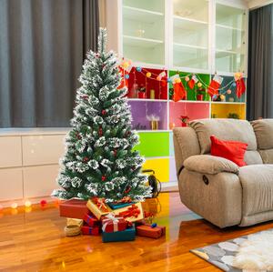 Costway Albero di Natale innevato e non illuminato con base resistente di metallo, Abete artificiale con bacche rosse