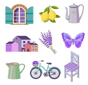 Illustrazione set of color flat vector icons for Provence travel, kukurikov