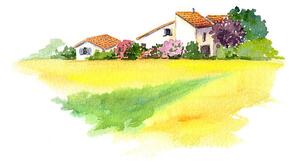 Illustrazione Rural house and yellow field in, zzorik