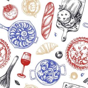 Illustrazione French food seamless pattern, Ievgeniia Lytvynovych