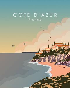 Illustrazione Cote Dazur France travel poster, Kristina Bilous, (30 x 40 cm)