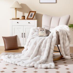 Costway Coperta in pelliccia ecologica di lusso plaid soffice in pelliccia di coniglio con effetto bolle, Coperta poltrona e divano
