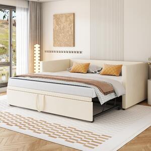Divano letto imbottito 90/180 x 200 cm con letto estraibile, 2 reti, schienale e braccioli, letto multifunzionale, tessuto velluto, color beige