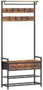 HOMCOM 5 in 1 Appendiabiti da Terra 181.5cm con Panca Portascarpe, Industriale con 10 Ganci, Struttura in Metallo, Marrone Rustico | Aosom Italy