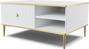 Tavolino PETRA 90x60 cm WHITE MATT con gambe in metallo dorato Tavolino da salotto, stile moderno, con spazio di archiviazione nascosto, con cassetto, ripiani