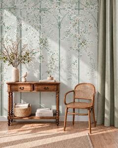 Carta da parati Rami con fiori bianchi su un traliccio decorativo verde, Carta da parati Buffer, w05923v2 : Uwalls.it