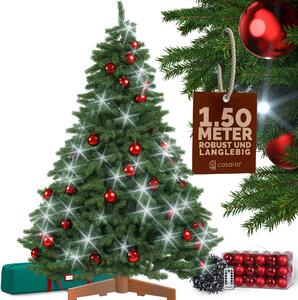 CASARIA® Albero di Natale Premium 150 cm Realistico Set con Palline di Natale 54 Pz. Rosse 20m Lucine Bianco Freddo Supporto in Legno Certificato FSC®